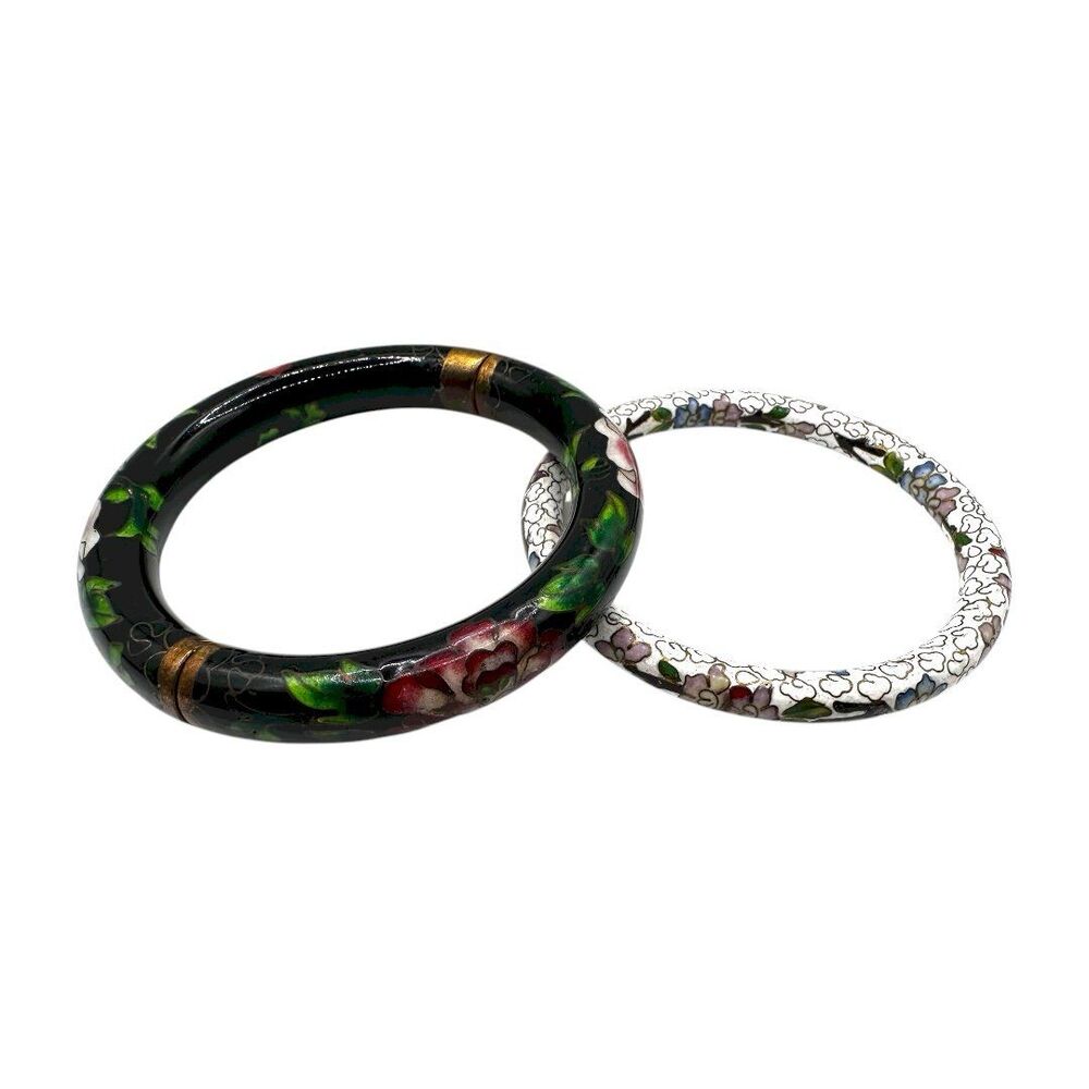 Set of Two Vintage Cloisonné Enamel Floral Bangle Bracelets